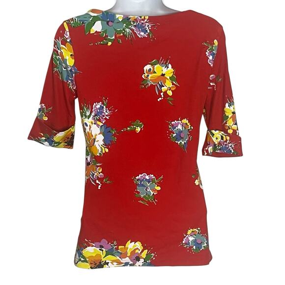 Lauren Ralph Lauren Lot of 2 Tops S/P Boat Neck Stretch Red Floral Blue Geo - Picture 4 of 12